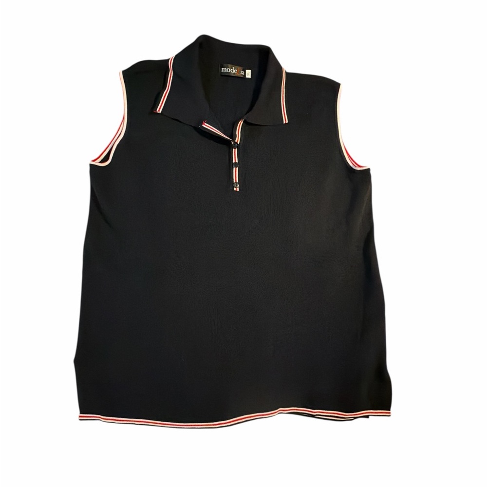 Mode Lia Black Sleeveless Knit Polo Top XL Retro Stripe Trim Preppy Golfcore